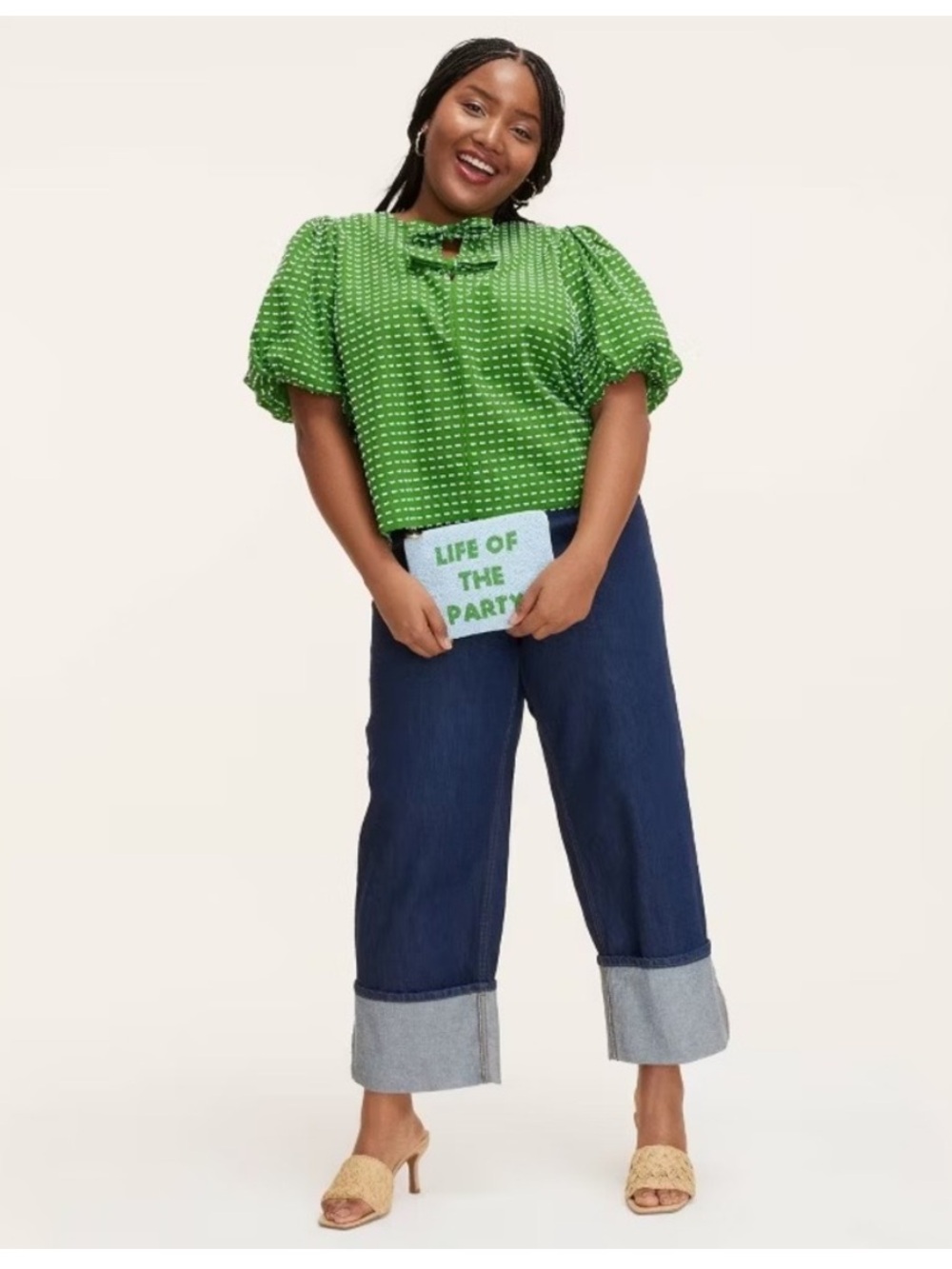Kate Spade x Target Size Textured Polka Dot Puff Short Sleeve Green Tie-Neck L